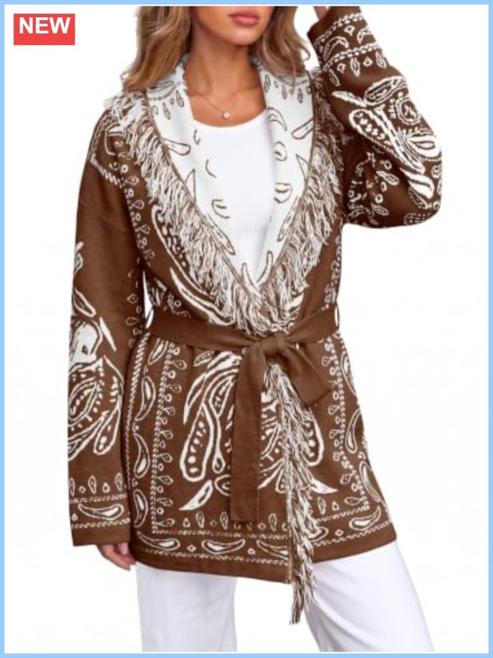 Paisley Boho Tassel Fringe Belted Shawl Collar Cardigan Sweater